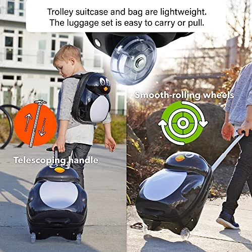 Kiddietotes Kids Carry-on Upright Luggage Suitcase And Backpack Set - Smooth Rolling Wheels - Penguin 4 Kiddietotes Kids Carry-on Upright Luggage Suitcase And Backpack Set - Smooth Rolling Wheels - Penguin - Image 4