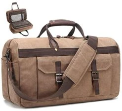 Duffle Bag For Men Waterproof Genuine Leather Canvas Travel Duffel Bags For Women Overnight Weekender Bag For Traveling, Brown