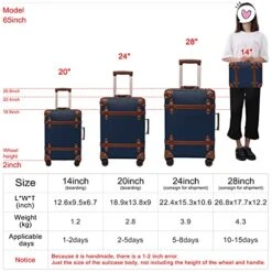 NZBZ Vintage Luggage Sets With Spinner Wheels Carry On Suitcase Tsa Lock Luggage 3 Pieces (Navy Blue, 14inch & 20inch & 28inch) -Travelpro Shop 518LTAO4pVS