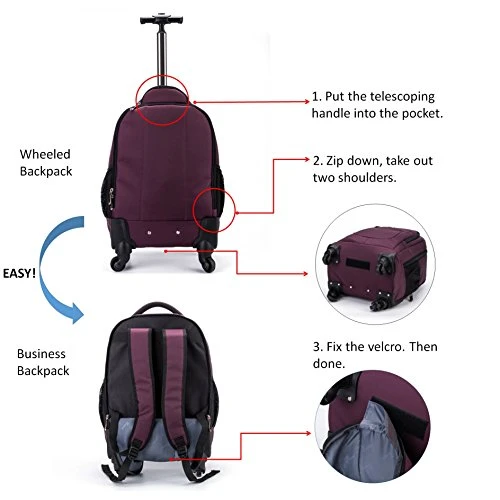 Racini Nylon Waterproof Rolling Backpack, Freewheel Travel Wheeled Backpack, Carry-on Luggage With Anti-Theft Zippers(Purple) 5 Racini Nylon Waterproof Rolling Backpack, Freewheel Travel Wheeled Backpack, Carry-on Luggage With Anti-Theft Zippers(Purple) - Image 5