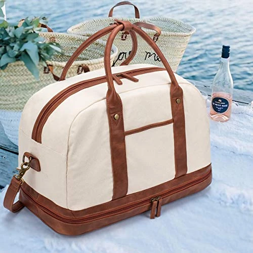 Weekender Bag For Women Canvas Overnight Bag Large Travel Bags For Women Carry On Shoulder Duffle Bag With Shoe Compartment,Perfect For Travel/Daily Use/Birthday Gift (Beige) 2 Weekender Bag For Women Canvas Overnight Bag Large Travel Bags For Women Carry On Shoulder Duffle Bag With Shoe Compartment,Perfect For Travel/Daily Use/Birthday Gift (Beige) - Image 2