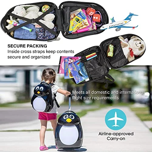 Kiddietotes Kids Carry-on Upright Luggage Suitcase And Backpack Set - Smooth Rolling Wheels - Penguin 7 Kiddietotes Kids Carry-on Upright Luggage Suitcase And Backpack Set - Smooth Rolling Wheels - Penguin - Image 7
