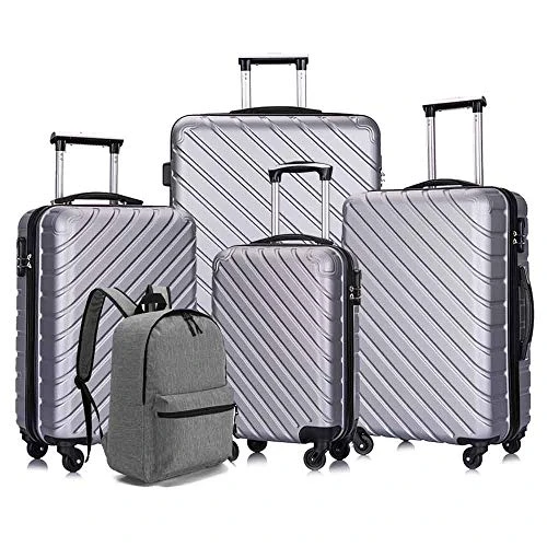 Apelila 5 Piece Luggage Sets,Travel Suitcase Spinner Hardshell Lightweight W/Free Suitcase Cover& Hanger (4PC Sliver W/Covers4+Hanger2+Backbag1) 1 Apelila 5 Piece Luggage Sets,Travel Suitcase Spinner Hardshell Lightweight W/Free Suitcase Cover& Hanger (4PC Sliver W/Covers4+Hanger2+Backbag1)