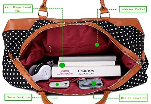 BAOSHA HB-14 Canvas Travel Tote Duffel Bag Carry On Weekender Overnight Bag Oversized For Women And Ladies (Black Dot) 4 BAOSHA HB-14 Canvas Travel Tote Duffel Bag Carry On Weekender Overnight Bag Oversized For Women And Ladies (Black Dot) - Image 4