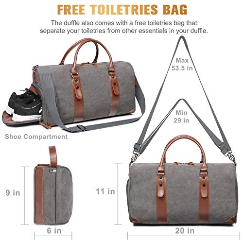 Oflamn Large Duffle Bag Canvas Leather Weekender Overnight Travel Carry On Tote Bag With Shoe Compartment And Toiletry Bag (Grey) 8 Oflamn Large Duffle Bag Canvas Leather Weekender Overnight Travel Carry On Tote Bag With Shoe Compartment And Toiletry Bag (Grey) - Image 8