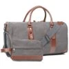 Oflamn Large Duffle Bag Canvas Leather Weekender Overnight Travel Carry On Tote Bag With Shoe Compartment And Toiletry Bag (Grey)
