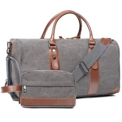 Oflamn Large Duffle Bag Canvas Leather Weekender Overnight Travel Carry On Tote Bag With Shoe Compartment And Toiletry Bag (Grey)