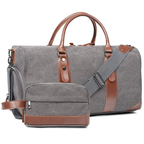 Oflamn Large Duffle Bag Canvas Leather Weekender Overnight Travel Carry On Tote Bag With Shoe Compartment And Toiletry Bag (Grey) 1 Oflamn Large Duffle Bag Canvas Leather Weekender Overnight Travel Carry On Tote Bag With Shoe Compartment And Toiletry Bag (Grey)