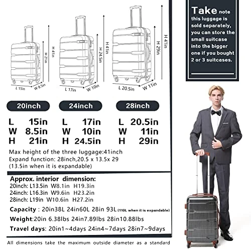 Coolife Luggage Expandable(only 28") Suitcase PC+ABS Spinner Built-In TSA Lock 20in 24in 28in Carry On (white, S(20in_carry On)) 2 Coolife Luggage Expandable(only 28") Suitcase PC+ABS Spinner Built-In TSA Lock 20in 24in 28in Carry On (white, S(20in_carry On)) - Image 2