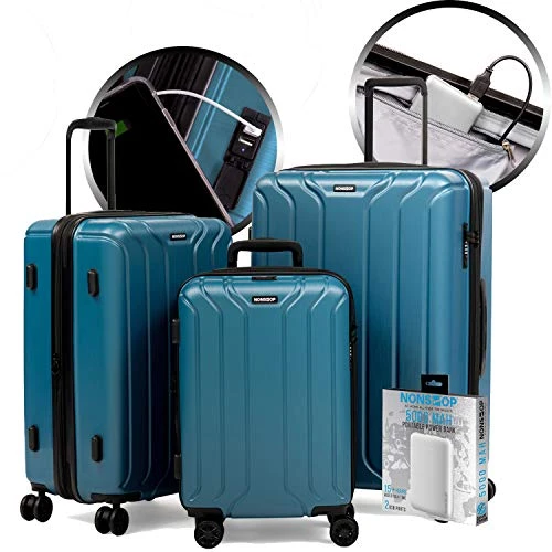 NONSTOP Luggage Expandable Spinner Wheels Hard Side Shell Travel Suitcase Set 3 Piece Lightweight With TSA Lock And Double USB Port, NEW YORK Collection (Teal, 3-Piece Set (20/24/28) W/Power Bank) 1 NONSTOP Luggage Expandable Spinner Wheels Hard Side Shell Travel Suitcase Set 3 Piece Lightweight With TSA Lock And Double USB Port, NEW YORK Collection (Teal, 3-Piece Set (20/24/28) W/Power Bank)