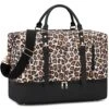 Weekender Overnight Bag Oversized Travel Duffel Leather For Men And Women (Brown Black Leopard Print)
