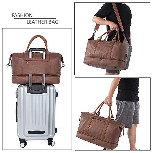 Leather Travel Bag With Shoe Pouch,Weekender Overnight Bag Waterproof Leather Large Carry On Bag Travel Tote Duffel Bag For Men Or Women 2 Leather Travel Bag With Shoe Pouch,Weekender Overnight Bag Waterproof Leather Large Carry On Bag Travel Tote Duffel Bag For Men Or Women - Image 2