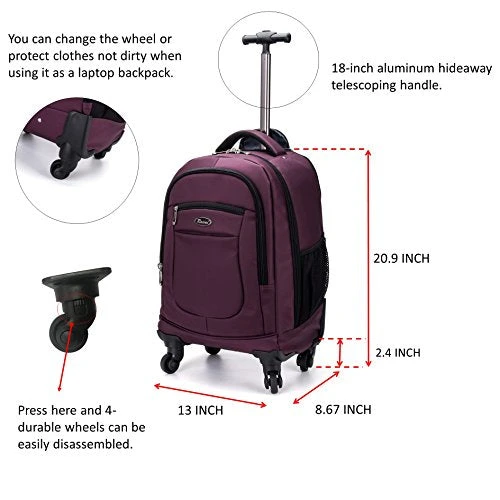 Racini Nylon Waterproof Rolling Backpack, Freewheel Travel Wheeled Backpack, Carry-on Luggage With Anti-Theft Zippers(Purple) 3 Racini Nylon Waterproof Rolling Backpack, Freewheel Travel Wheeled Backpack, Carry-on Luggage With Anti-Theft Zippers(Purple) - Image 3