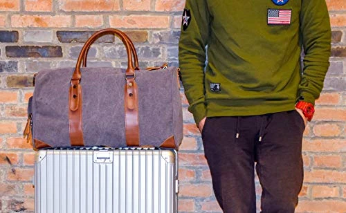 Oflamn Large Duffle Bag Canvas Leather Weekender Overnight Travel Carry On Tote Bag With Shoe Compartment And Toiletry Bag (Grey) 2 Oflamn Large Duffle Bag Canvas Leather Weekender Overnight Travel Carry On Tote Bag With Shoe Compartment And Toiletry Bag (Grey) - Image 2