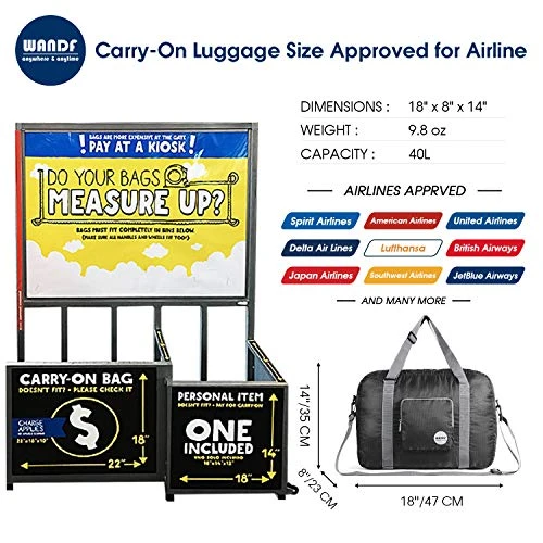 Wandf Foldable Travel Duffel Bag Luggage Sports Gym Water Resistant Nylon, Black 8 Wandf Foldable Travel Duffel Bag Luggage Sports Gym Water Resistant Nylon, Black - Image 8