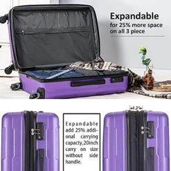 Expandable ABS Durable Suitcase 3 Piece Luggage Sets Lightweight With Double Wheels TSA Lock Spinner, Unisex Adults Teens Home Outddor Carry On Luggage (Purple 20/24/28 Inch) 12 Expandable ABS Durable Suitcase 3 Piece Luggage Sets Lightweight With Double Wheels TSA Lock Spinner, Unisex Adults Teens Home Outddor Carry On Luggage (Purple 20/24/28 Inch) -Travelpro Shop 51qVLSG8XzS