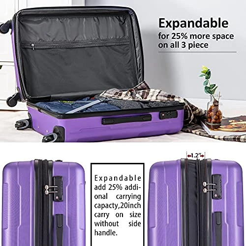 Expandable ABS Durable Suitcase 3 Piece Luggage Sets Lightweight With Double Wheels TSA Lock Spinner, Unisex Adults Teens Home Outddor Carry On Luggage (Purple 20/24/28 Inch) 5 Expandable ABS Durable Suitcase 3 Piece Luggage Sets Lightweight With Double Wheels TSA Lock Spinner, Unisex Adults Teens Home Outddor Carry On Luggage (Purple 20/24/28 Inch) - Image 5