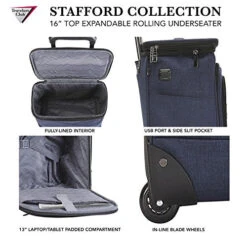 Travelers Club Luggage 16" Top Expandable Rolling Underseater W/USB Port, Blue Suitcase, Carry-On, Navy -Travelpro Shop 51rs970sFeL