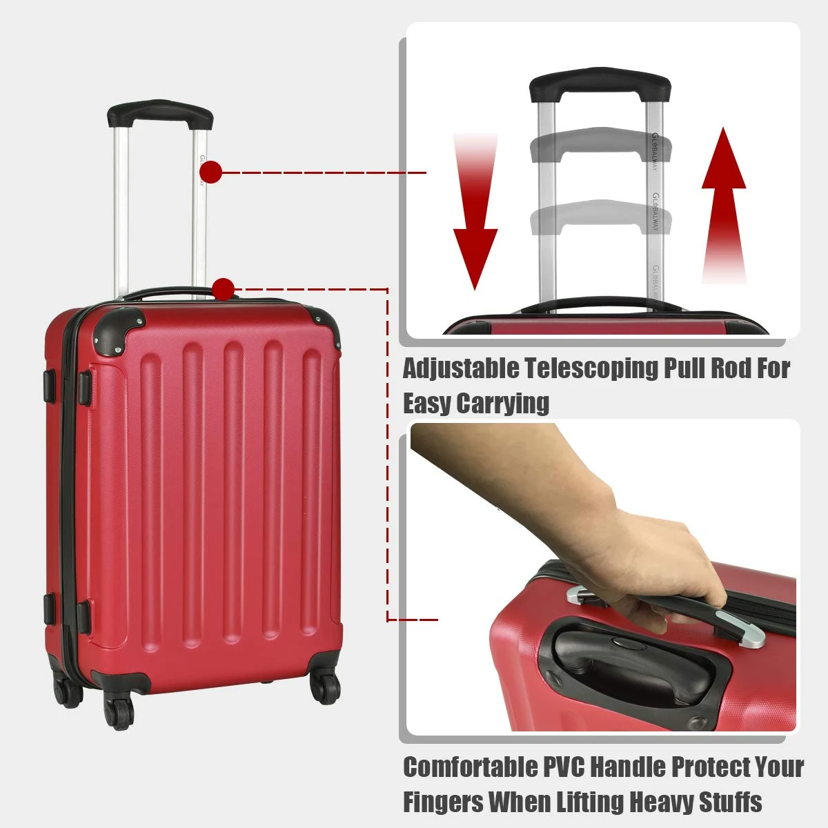 Goplus 3Pcs Luggage Set, Hardside Travel Rolling Suitcase, 20/24/28 Rolling Luggage Upright, Hardshell Spinner Luggage Set With Telescoping Handle, Coded Lock Travel Trolley Case (Wine) 3 Goplus 3Pcs Luggage Set, Hardside Travel Rolling Suitcase, 20/24/28 Rolling Luggage Upright, Hardshell Spinner Luggage Set With Telescoping Handle, Coded Lock Travel Trolley Case (Wine) - Image 3