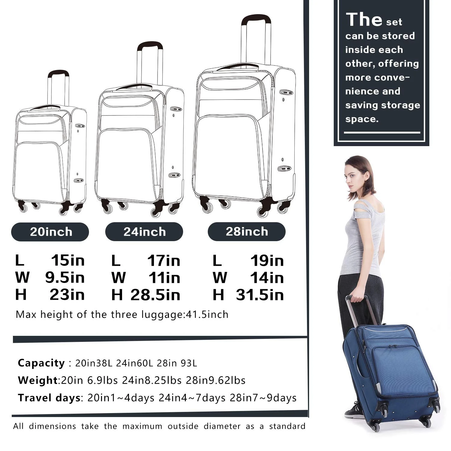 Coolife Luggage 3 Piece Set Suitcase Spinner Softshell Lightweight (blue+sliver) 2 Coolife Luggage 3 Piece Set Suitcase Spinner Softshell Lightweight (blue+sliver) - Image 2
