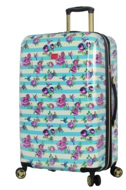 Betsey Johnson 26 Inch Checked Luggage Collection - Expandable Scratch Resistant (ABS + PC) Hardside Suitcase - Designer Lightweight Bag With 8-Rolling Spinner Wheels (Stripe Floral Hummingbird)
